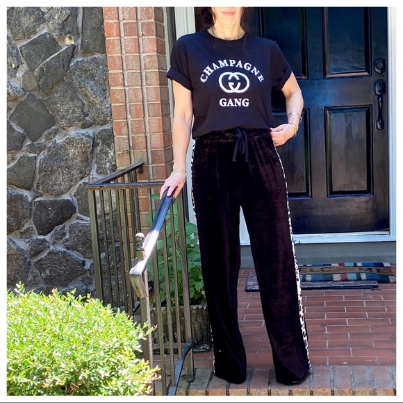 BLACK VELVET WIDE LEG PANTS W/LEOPARD SIDE TRIM - Picture 8 of 16